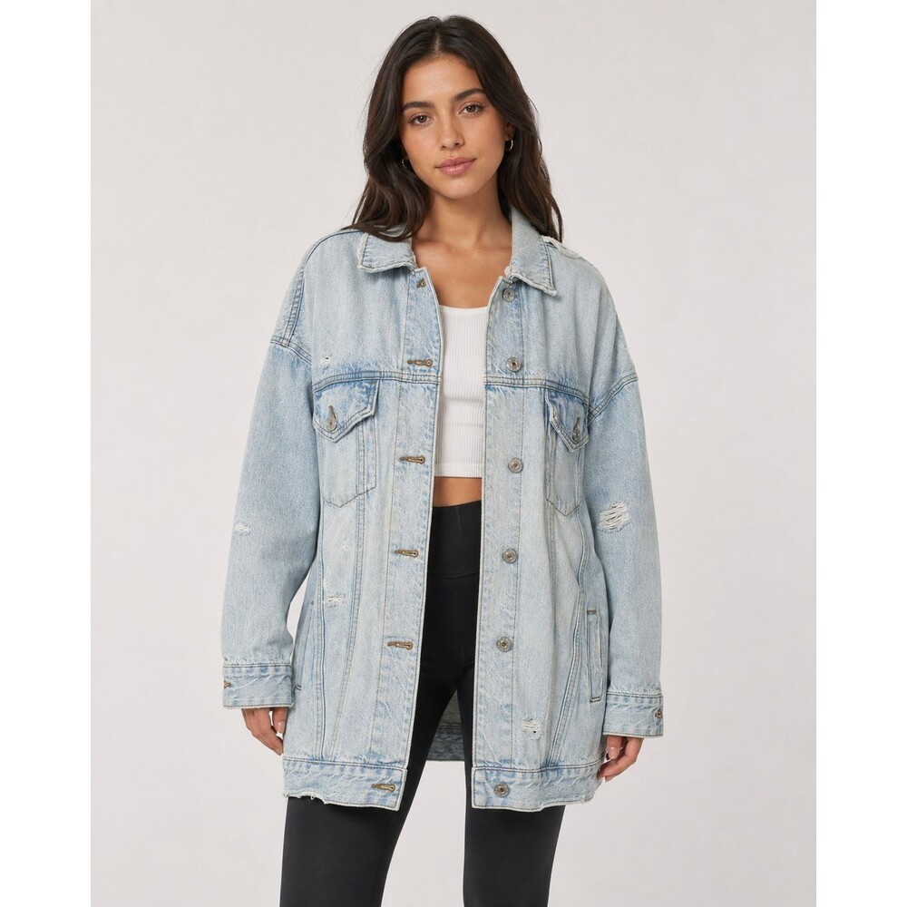 American Eagle Light Wash Distressed Denim Jacket Oversized Longline Size L